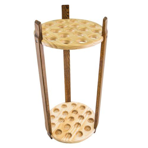 Image shows handmade wooden cane stand with holes drilled for walking canes.