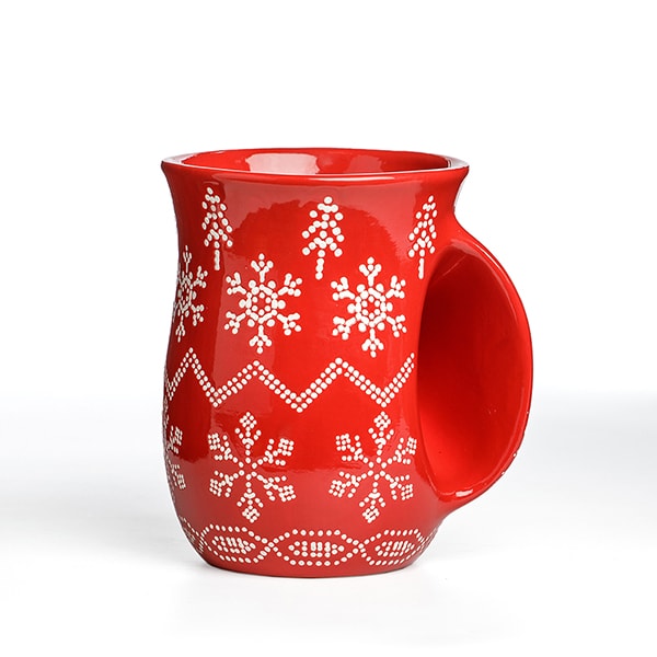 Image of red ceramic handwarmer mug with winter sweater motif, with link to Lehmans website.