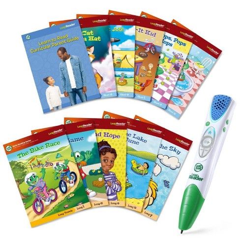 Image of a collection of Leap Frog Tag Reader children's books and a Tag Reader pen, with link to Target.