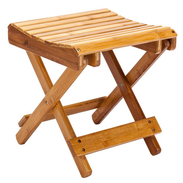 Image of folding wooden bamboo shower seat, with link to Walmart site.