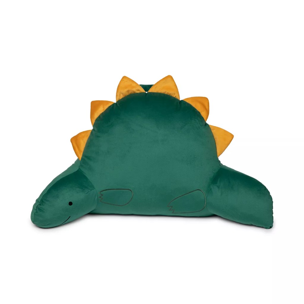 Image of plush green dinosaur back rest pillow, with link to Kolhs website.