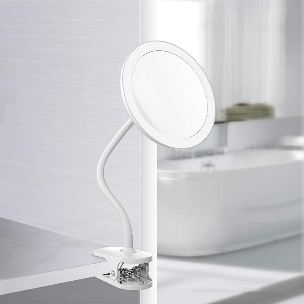 Image of round white mirror with bendable gooseneck and clamp attachment. Links to Amazon website.