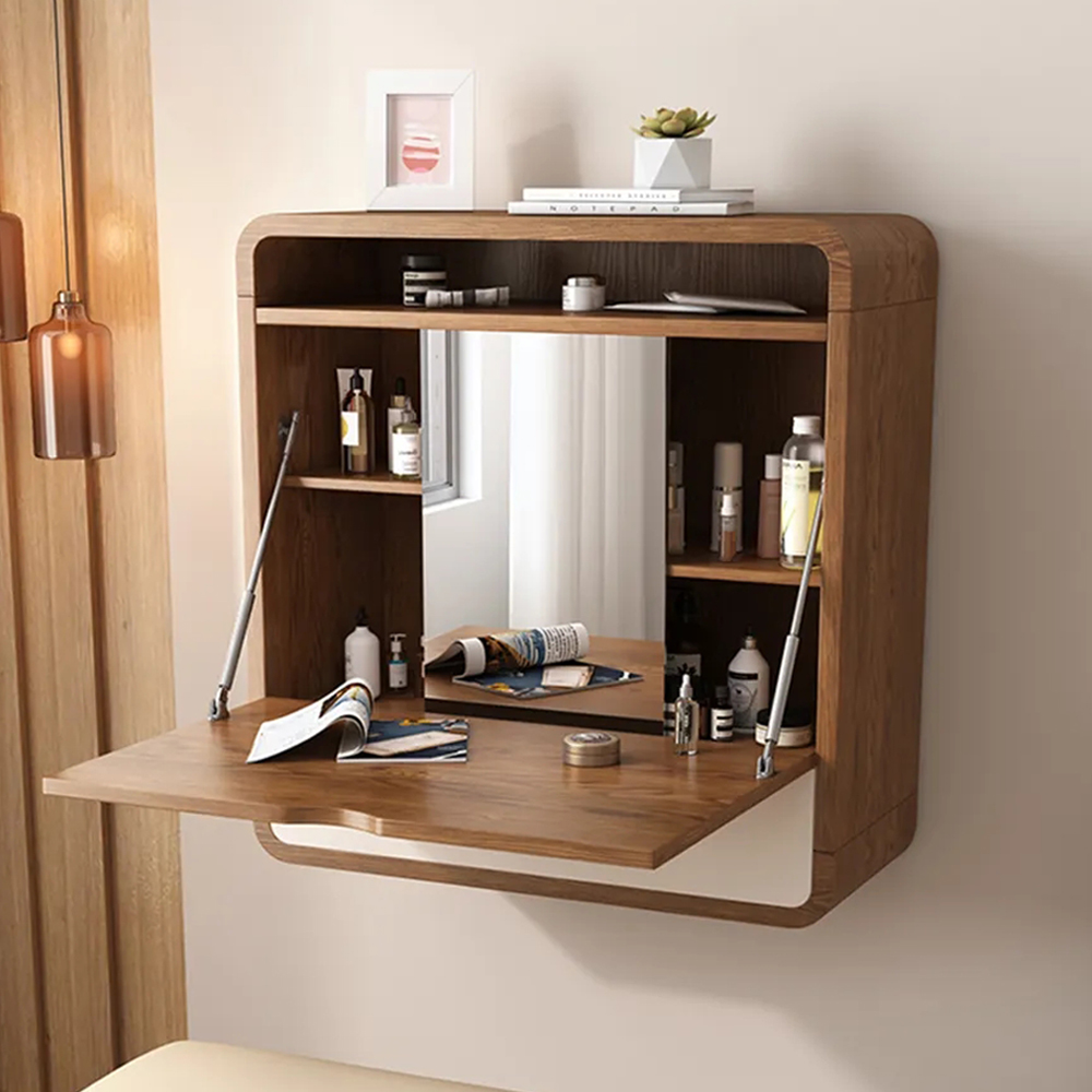 Image of wall mounted wooden cabinet with fold down surface, mirror, and shelving. Links to Povison website.