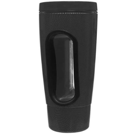 Image of black plastic travel mug with open center for holding. Links to Maxi Aids website.