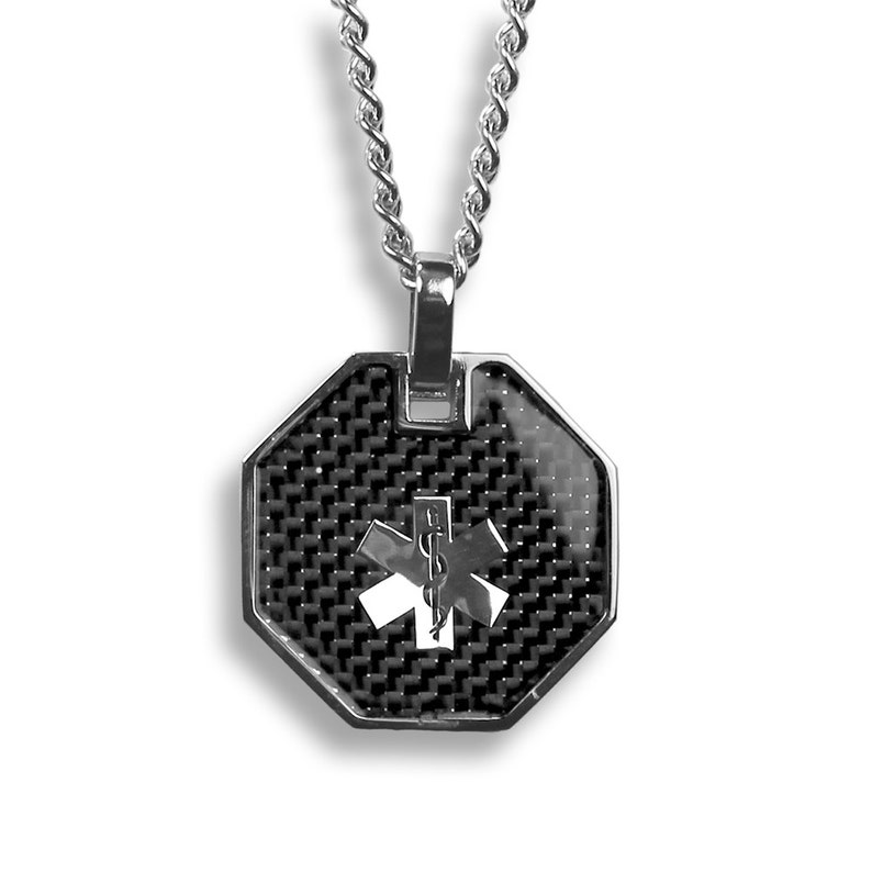 Image shows a metal octagonal medical alert necklace pendant on silver chain, and links to Etsy seller.