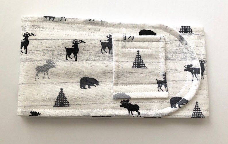 Image of woodland animal themed fabric belly band for child g-button, with link to Etsy seller.