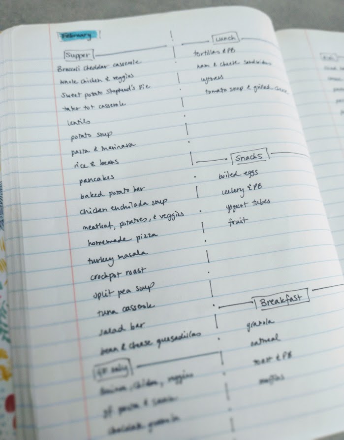 Image shows close-up view of monthly meals planned for supper, lunch, snack, and breakfast.
