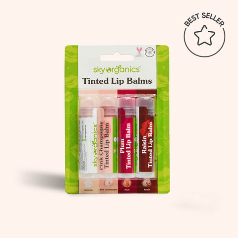 Image shows a package of four differently-colored lip tints, and links to Sky Organics website. 