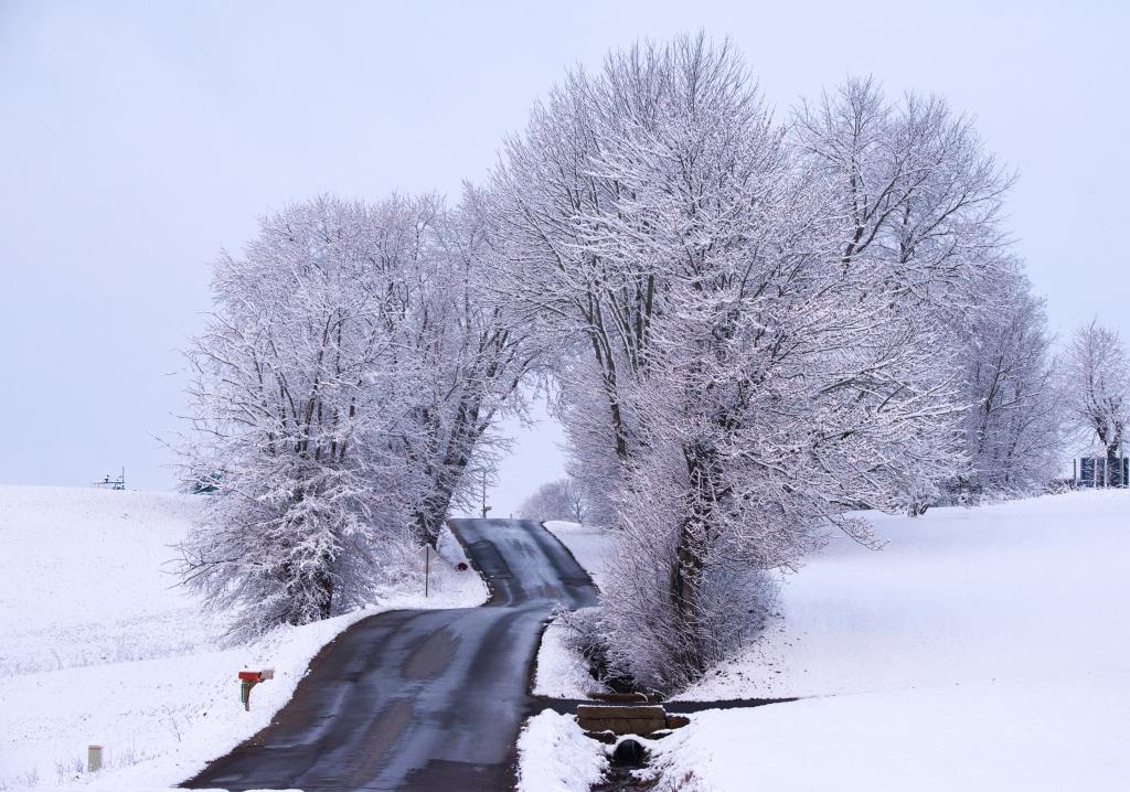 Image shows a snowy countryside with icy trees and black road winding up hills. 
