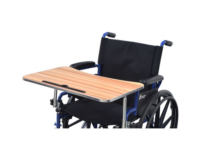 Image of clamp-on faux wood desk top or table top for wheelchair, with link to Monster Scooter Parts site.