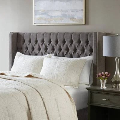 Image shows brown-gray upholstered tufted headboard, and links to Wayfair website.