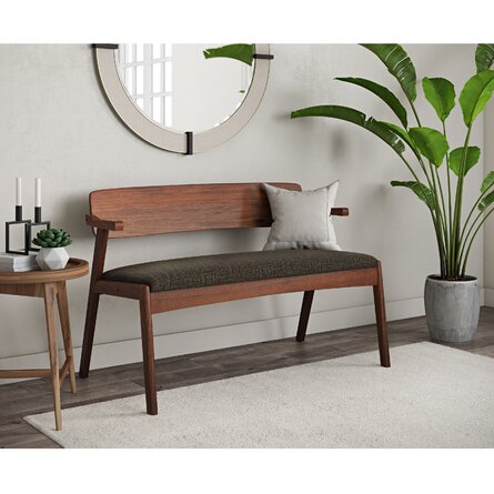 Image of long wooden padded bench with back and arm rests, with link to Wayfair.