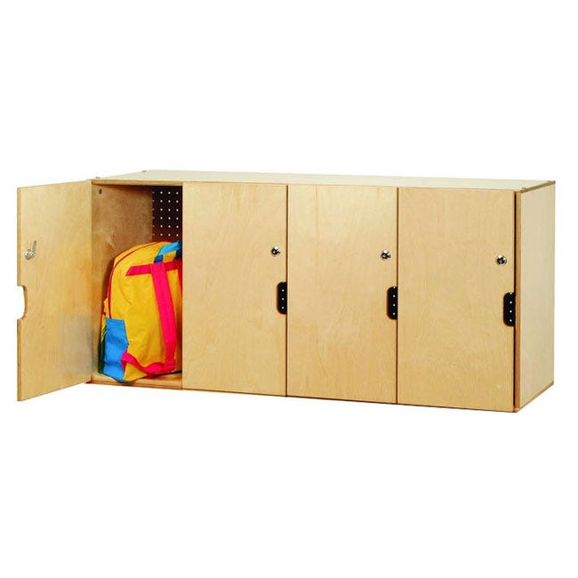 Image of wooden cabinet system with four cubbies and cupboard doors.