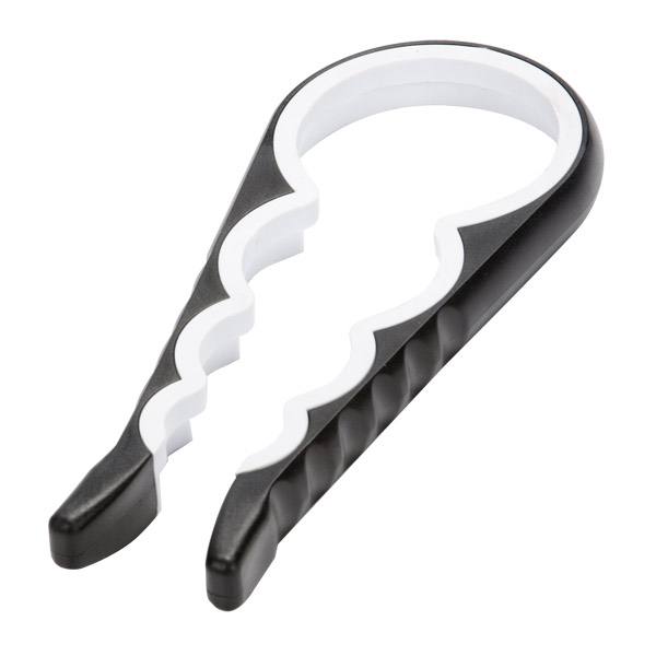 Image of black clamp device with circular openings of several sizes, with link to The Container Store. 