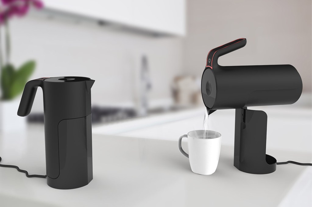 Image of an electric kettle that tips to pour, with link to manufacturer. 