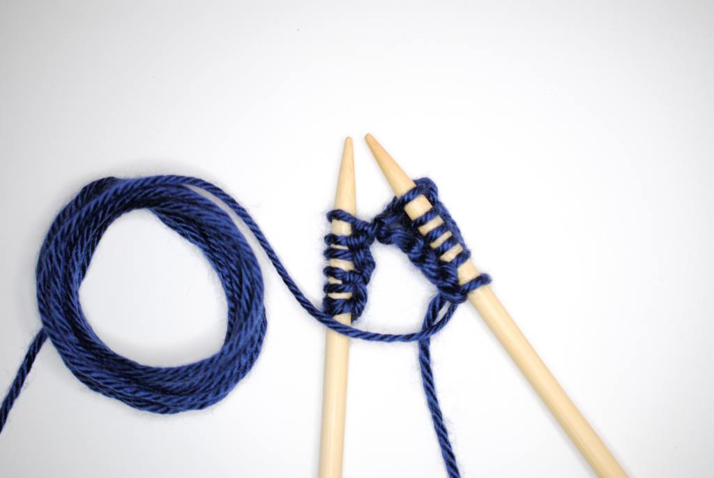 Image of knitting needles and yarn. 