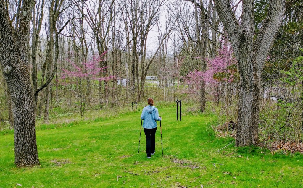 Image of author walking with walking sticks.