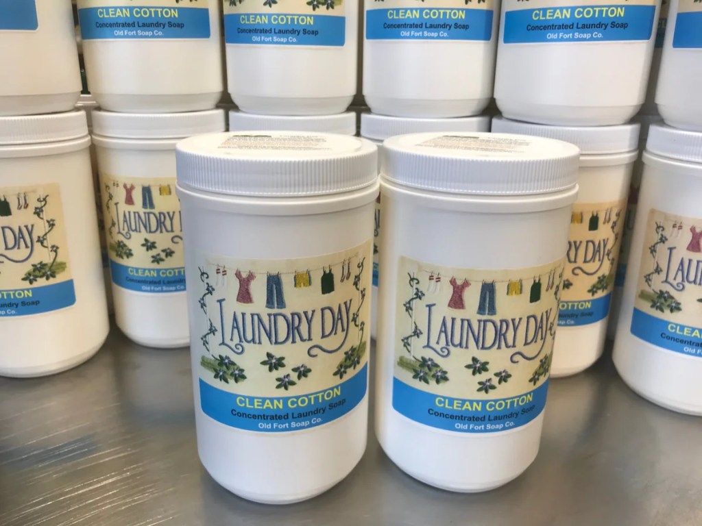 Image of concentrated laundry soap containers, with link to Old Fort Soap Company. 
