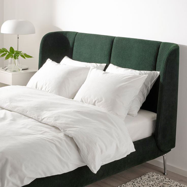 Image of green upholstered headboard, with link to IKEA