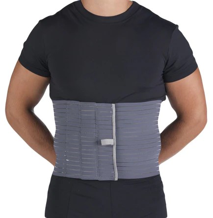 Image of gray abdominal binder, with link to Compressionsale.