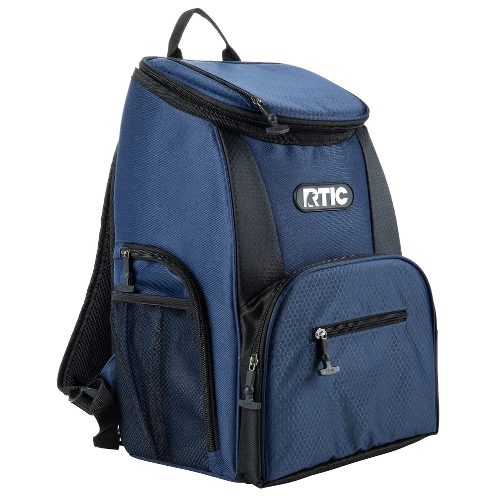 Image of navy blue cooler backpack, with link to RTIC website. 
