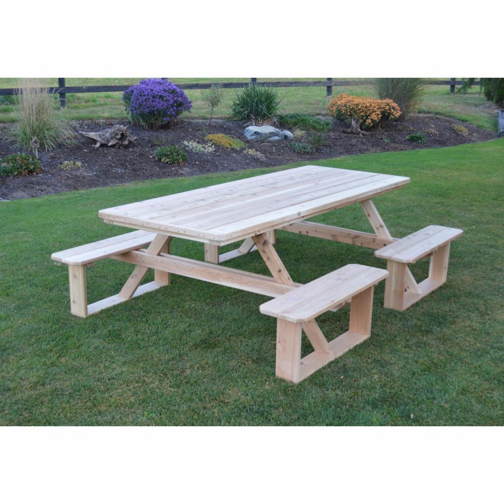 A wooden picnic table with divided bench, with link to A&L Furniture website. 