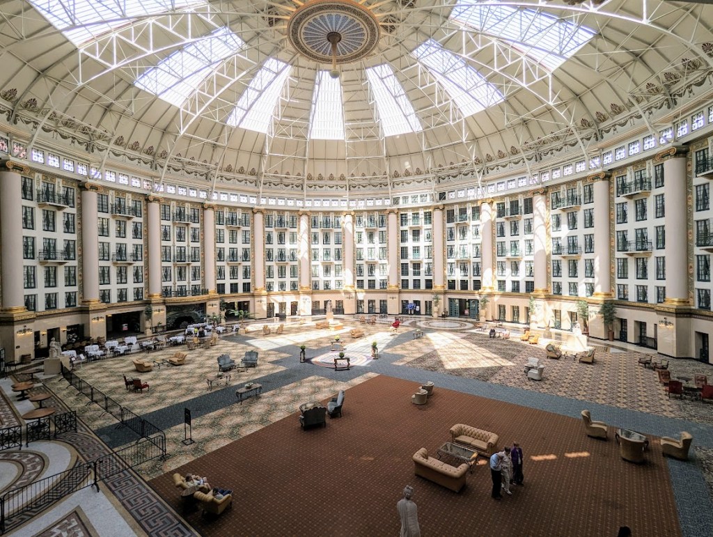 The atrium, filled with bright white morning light that splashes onto one side of the floor.