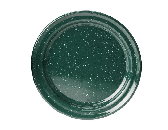 A dark green speckled enamel metal plate set on a white background.